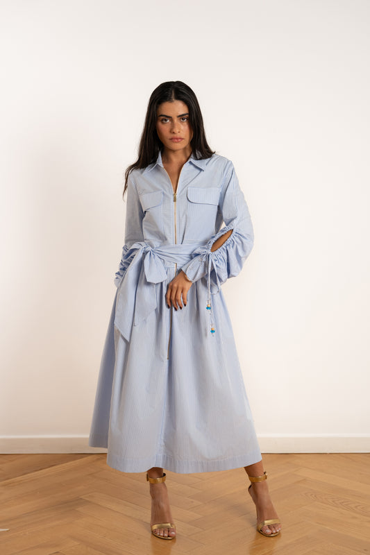 Robe chemise rayée bleue en coton - Barbara